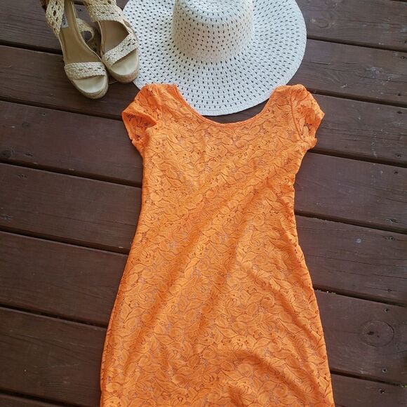 Orange Lace Low Back Mini Dress - Picture 2 of 6
